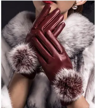 

Women's leather gloves, winter warm female leather gloves. lady Outdoor protective gloves.