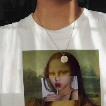 

PUDO-JF MONA LISA LOLIPOP Tee Women Fashion Retro Vintage T-shirt Stylish Cool White Artistic Design Tops Chemise Femme