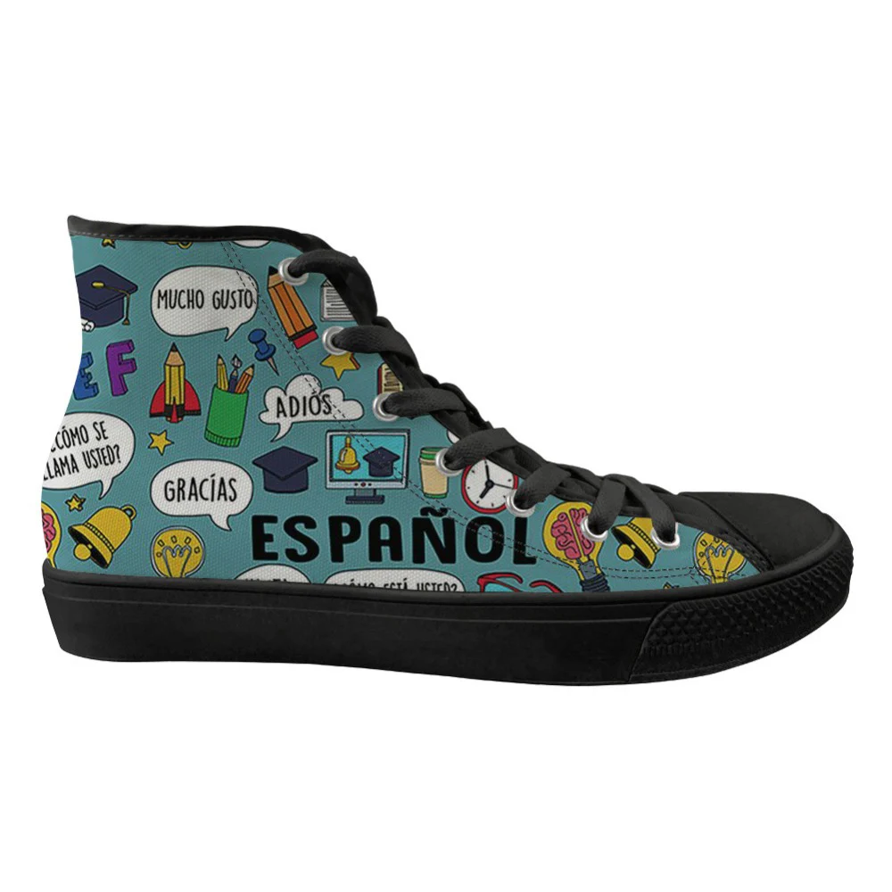 

Flats Shoes High Top Women Sneakers Cartoon Spanish Teacher Pattern Canvas High-top Vulcanized Shoes for Ladies Flat