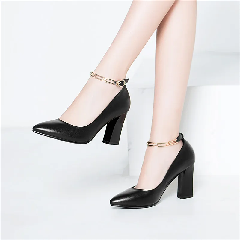 CONASCO Fashion Women Ankle Strap Pumps Genuine Leather Pointed Toe Sexy Party Office Shoes Woman Spring Autumn High Heels Shoes