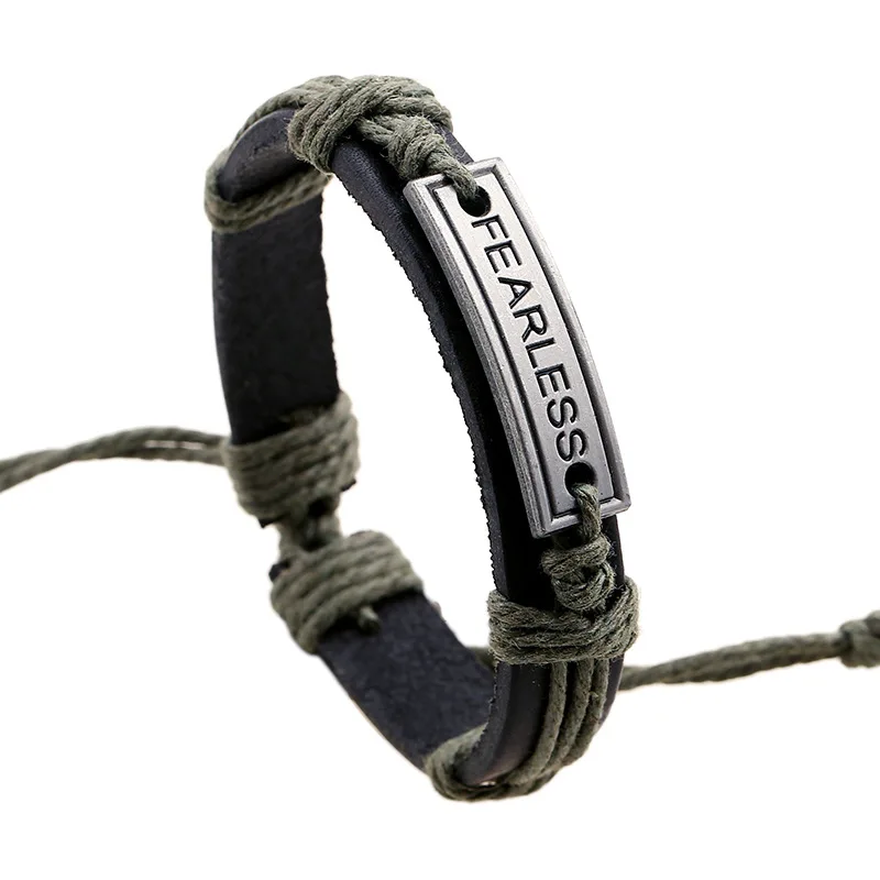

Simple Vintage Alloy Letters FEARLESS Handmade Woven Adjustable Leather Bracelet Men's Fashion Jewelry Accessories