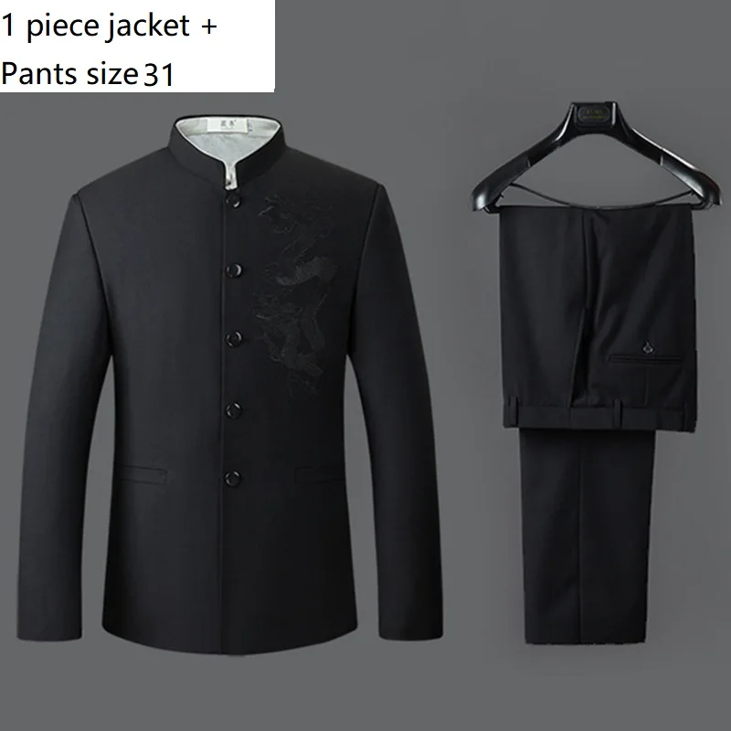 Дракон вышивка мужской костюм в китайском стиле куртка Мандарин Воротник туника костюм куртки для мужчин s кунг-фу пальто черный - Цвет: 1 set pants size 31