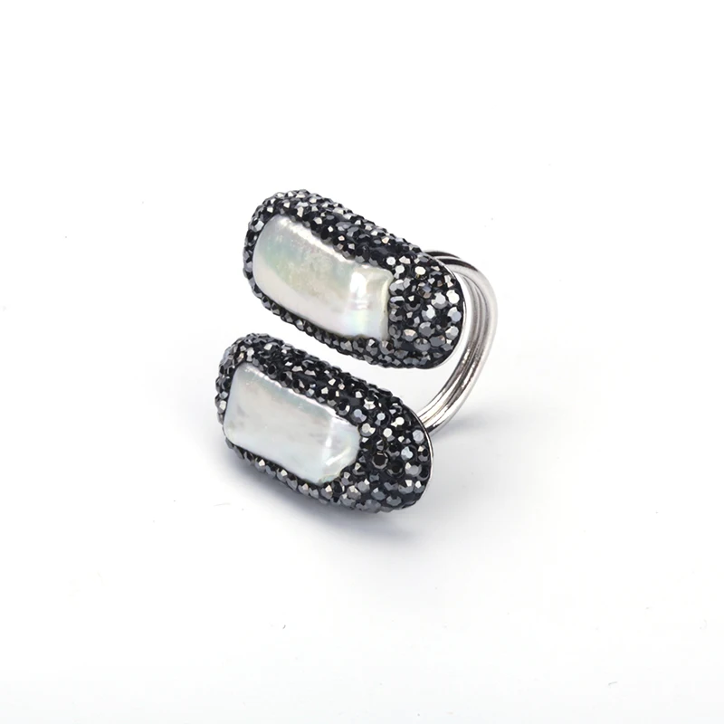 

Luxury Jewelry Natural Long Strip White Freshwater Pearl Bead With Rhinestone Charm Adjustable Open Ring Cuff For Women