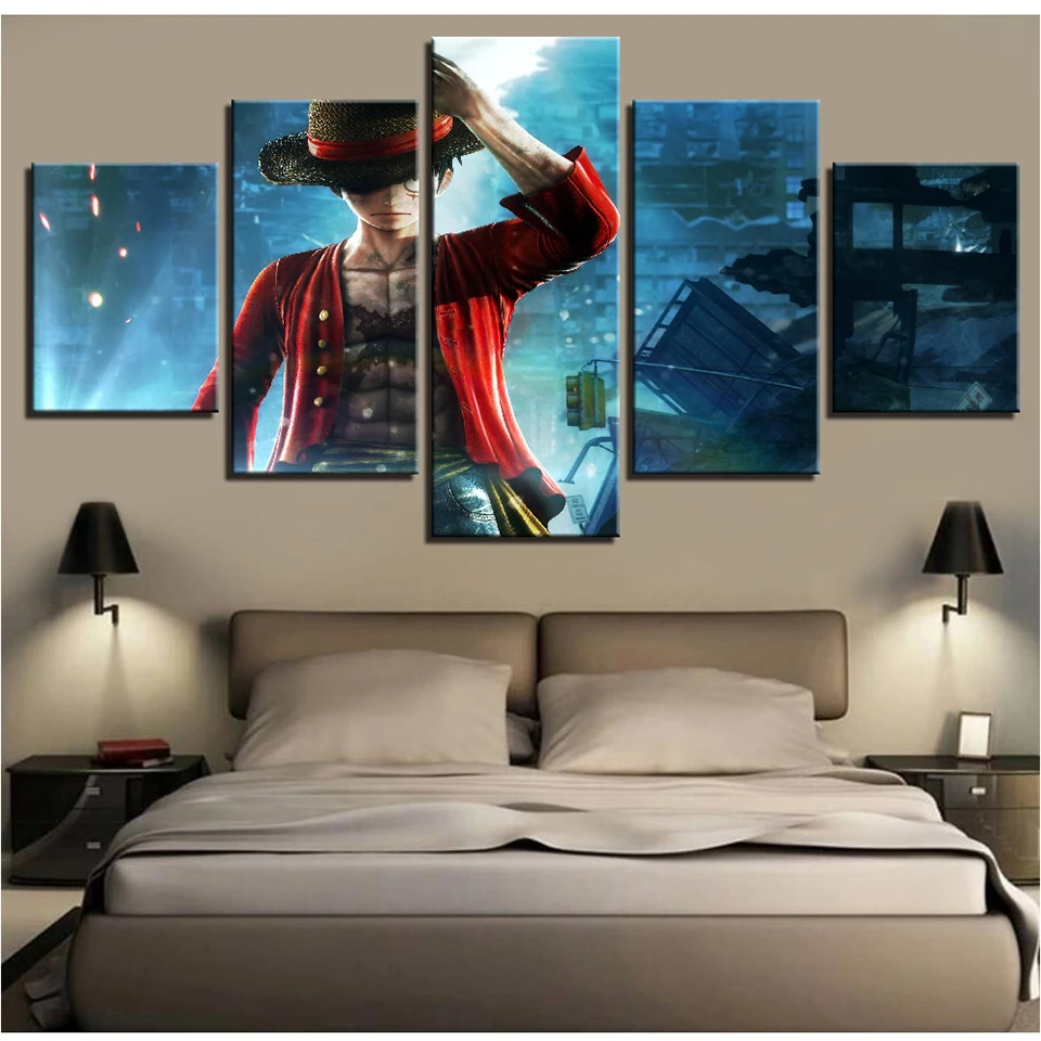 Lona-HD-huellas-fotos-arte-de-pared-de-5-piezas-de-una-pieza-mono-D-luffy