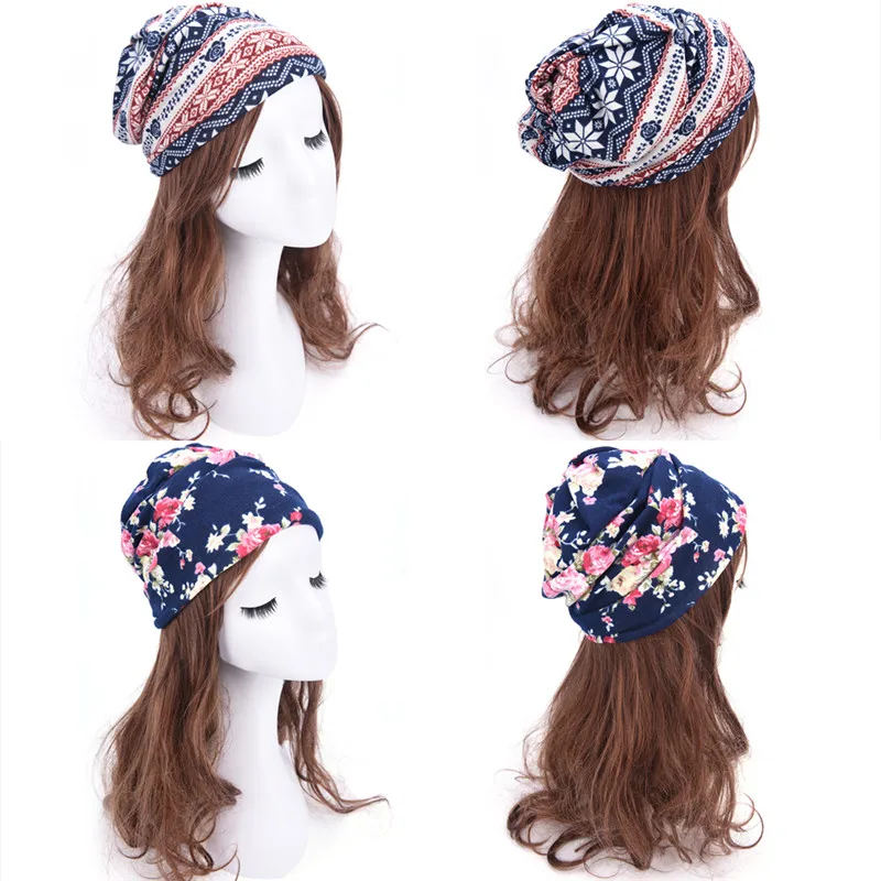 1PC New Arrival Fashion Women Cotton Printed Flower Hat Knit Autumn Caps 2 Colors Casual Beanies Skullies Beanies