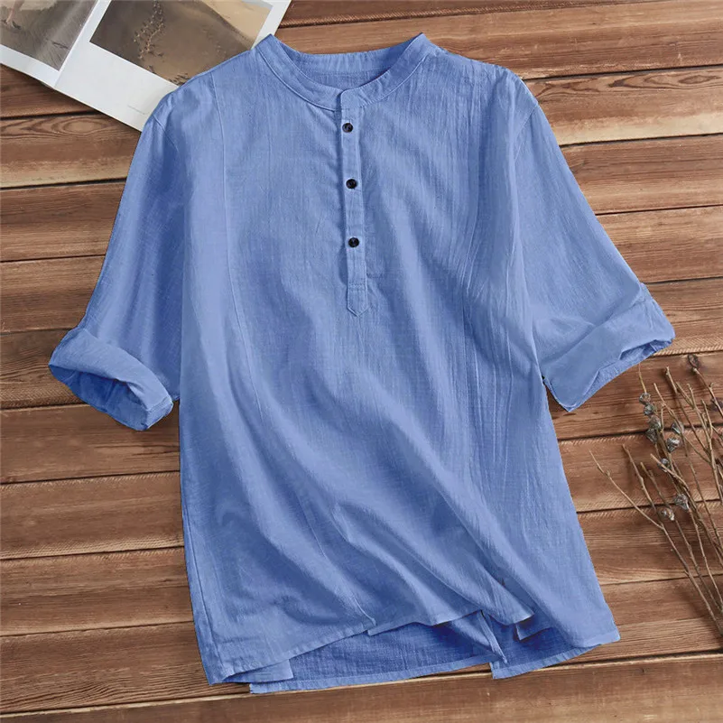 Mens Cotton Linen Shirts Casual Long Sleeve Stand Neck Tops Loose Blouse (11)