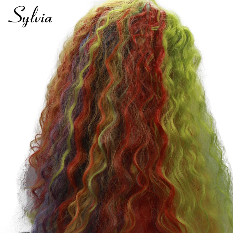 Sylvia Green Red Blue Multi-color Rainbow Curly Synthetic Lace Front Wigs Middle Part Long Heat Resistant Fiber Hair For Women