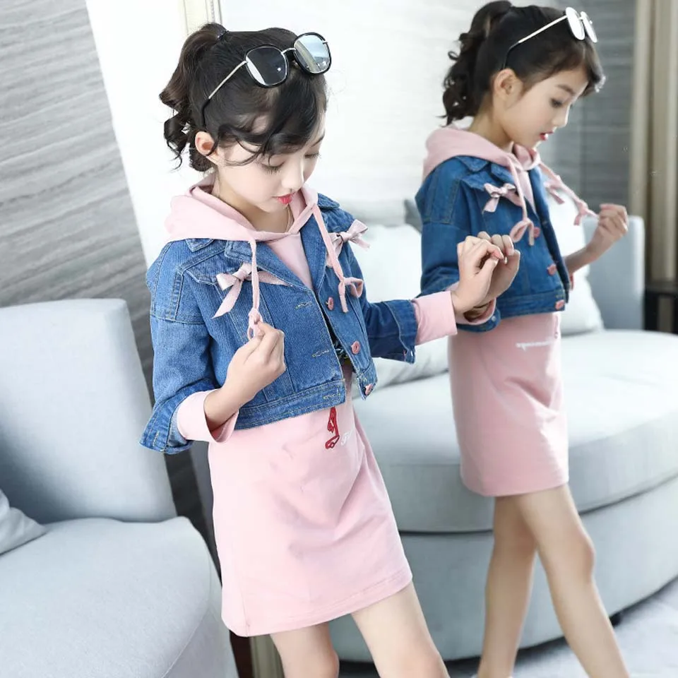 

Toddler Girls Clothes Sets Kids Clothes Cotton Children Clothing Sets Long Sleeve Bow Denim Jacket +Cartoon Hoodie 2pcs