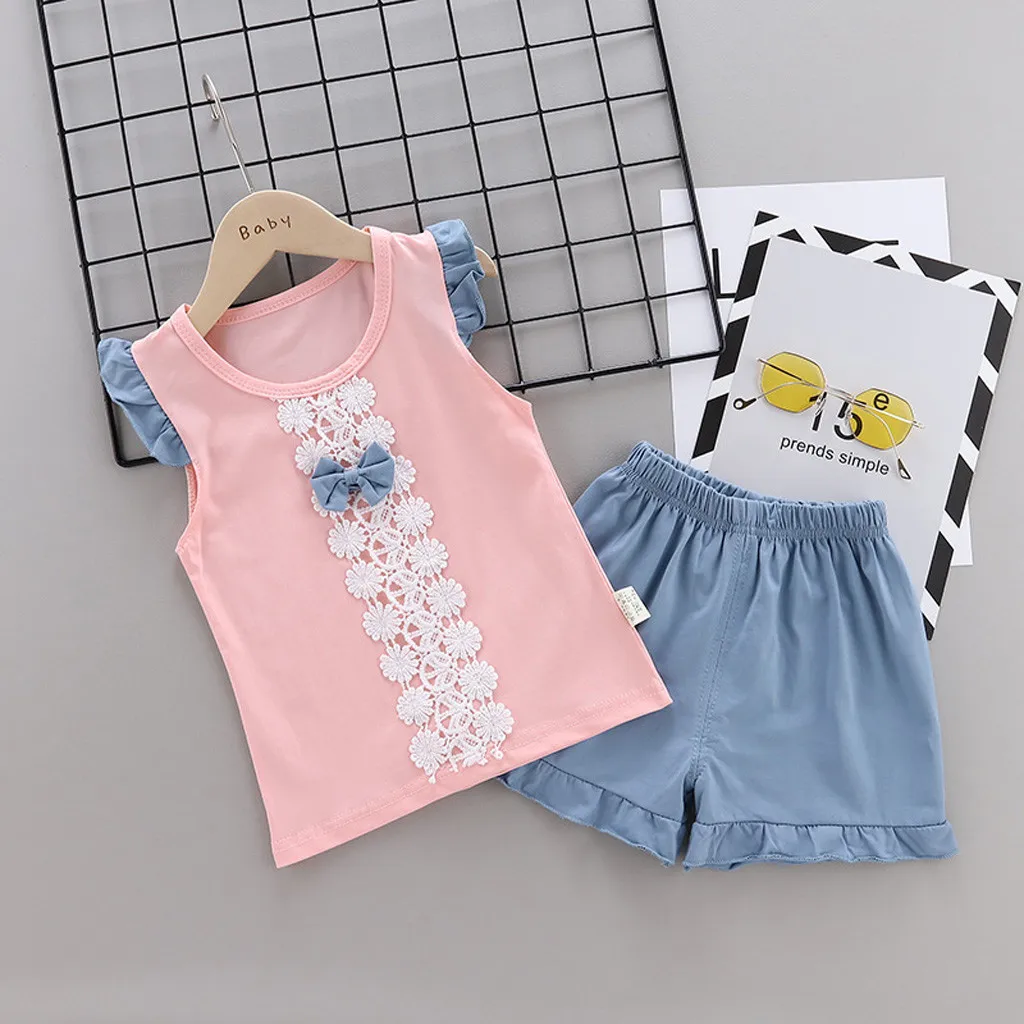 Комплект одежды для маленьких девочек лето 2019 кружевная Детская футболка с