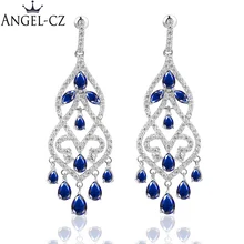 ANGELCZ Brand Ear Jewellery Fancy Chandelier Drop Inlay Royal Blue Austrian Crystal Evening Party Big Earrings For Ladies AE100