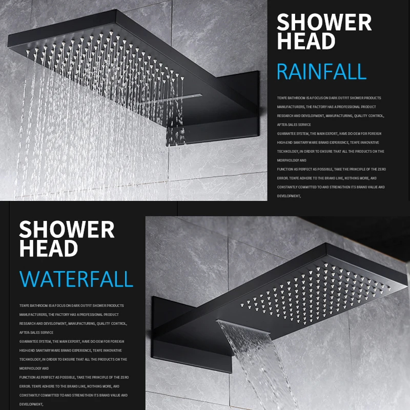 quyanre wanfan frap gappo black thermostatic shower faucets set waterfall rainfall shower head 3-way thermostatic mixer tap bathroom shower faucets1