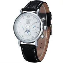 Новинка, модные автоматические механические мужские и женские часы, фаза Луны, полный календарь, автоматический циферблат даты, кожа, под платье, наручные часы