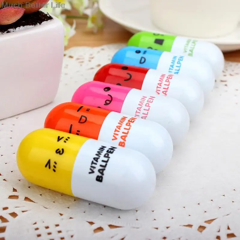 6pcs Face Pill Ball Point Pen Telescopic Vitamin Capsule Ballpen Stationer UN