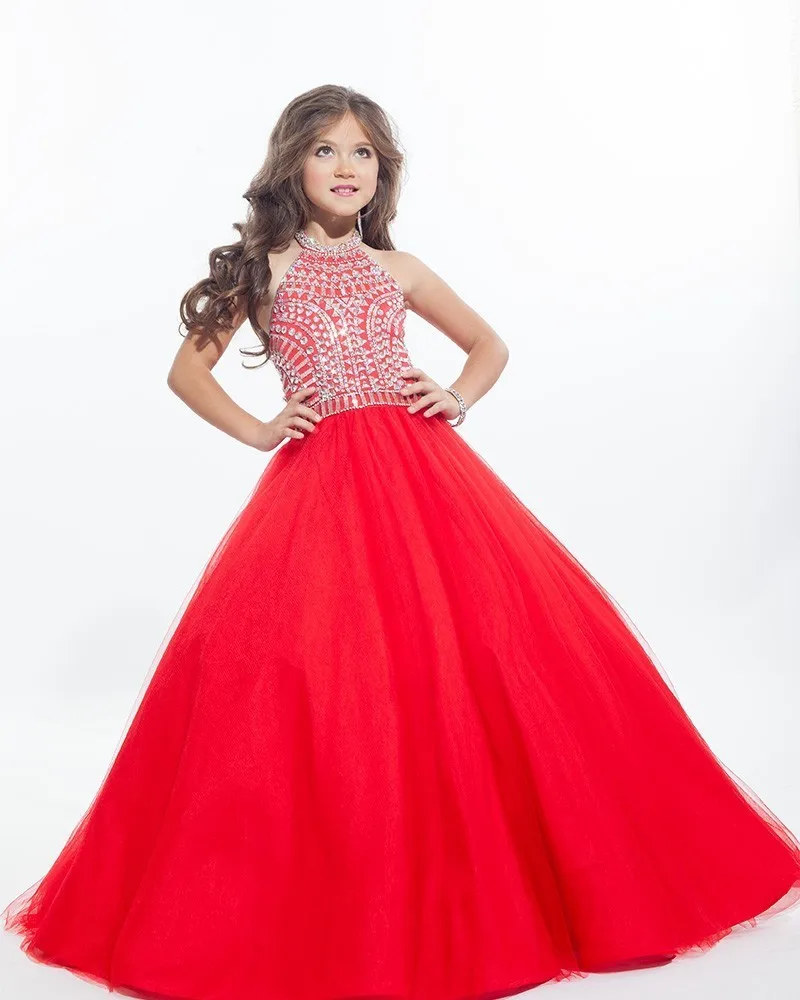 Red White Halter Flower Girl Dresses 2016 Beautiful Gold Beaded Kids