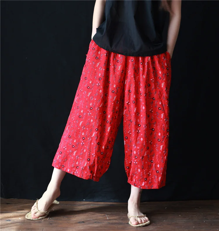 

Women Cotton Print Pants Big Size 2019 Summer Elastic Waist Pockets Harem Pants Vintage Loose Calf Length Trousers YoYiKamomo