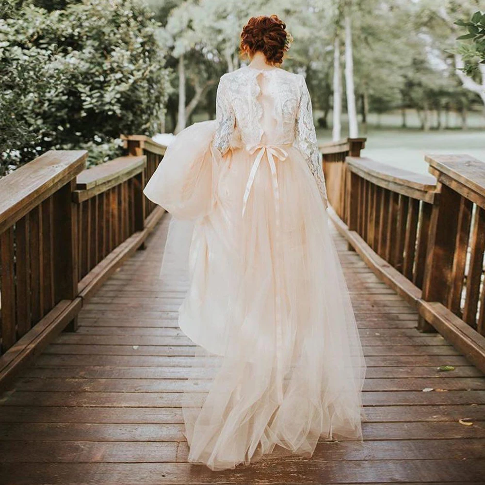 Кружевное платье невесты с длинным рукавом, розовое скромное свадебное платье, сделанное на заказ, контрастные цвета, Vestidos de fiesta