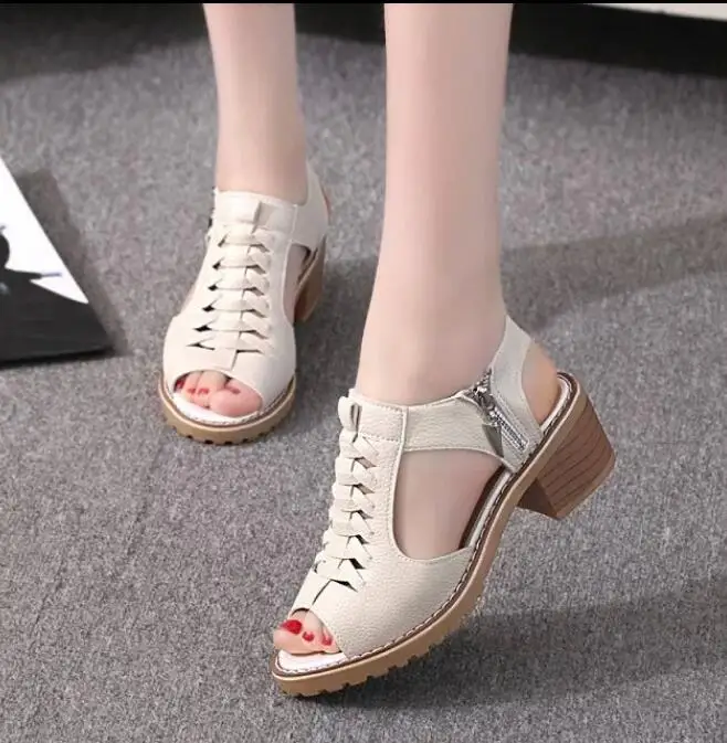 Популярные винтажные элегантные квадратный каблук средней высоты женские сандалии Летняя стильная женская обувь с открытым носком с перекрестной шнуровкой и боковой молнией