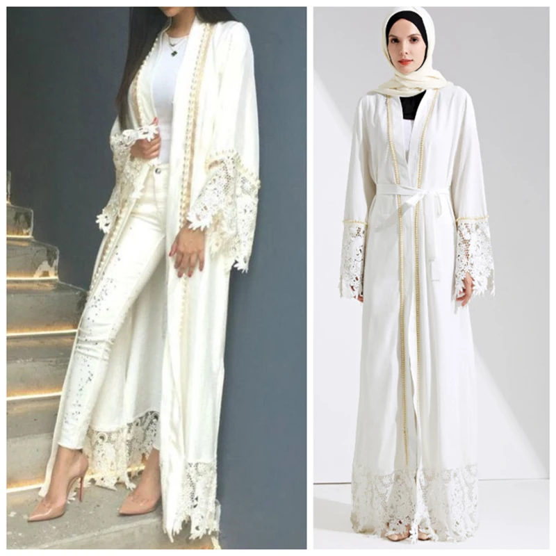 

Muslim Lace Maxi Dress Abaya Embroidery Cardigan Pearl Long Robes Tunic Kimono Jubah Middle East Ramadan Arab Islamic Clothing