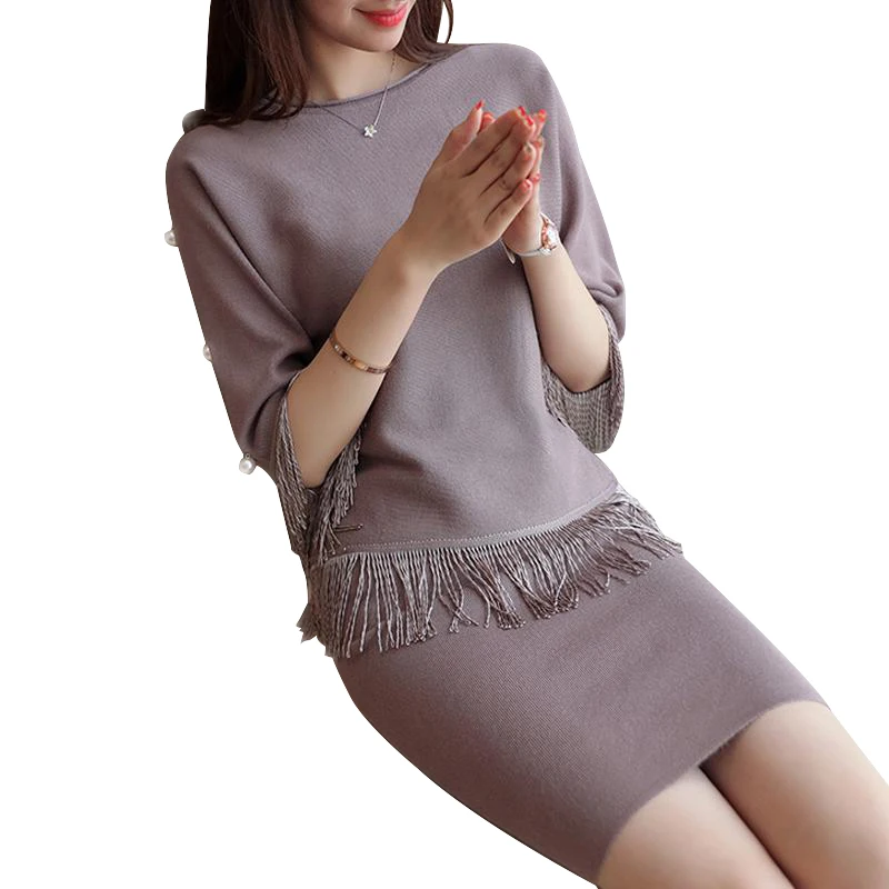 

2016 New Women Winter Sexy Dress Half Sleeve Thicken Party Slim Fit Package Hip Hedging Knitted Sweaters skirt Sets For Girl