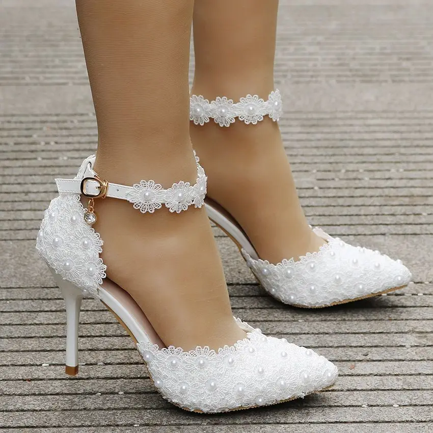 Super high thin 9cm heels white lace wedding shoes bride sexy point ...