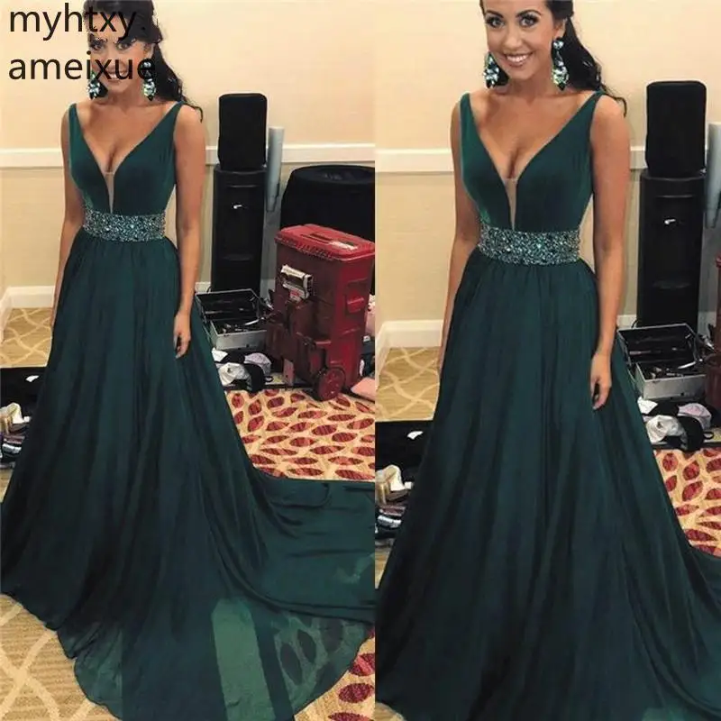 

Green V-Neck Sleevelss A-Line Plus Size Evening Gown Dresses For Women Side Slit Crystal Beaded Chiffon Sash Party Prom Gowns
