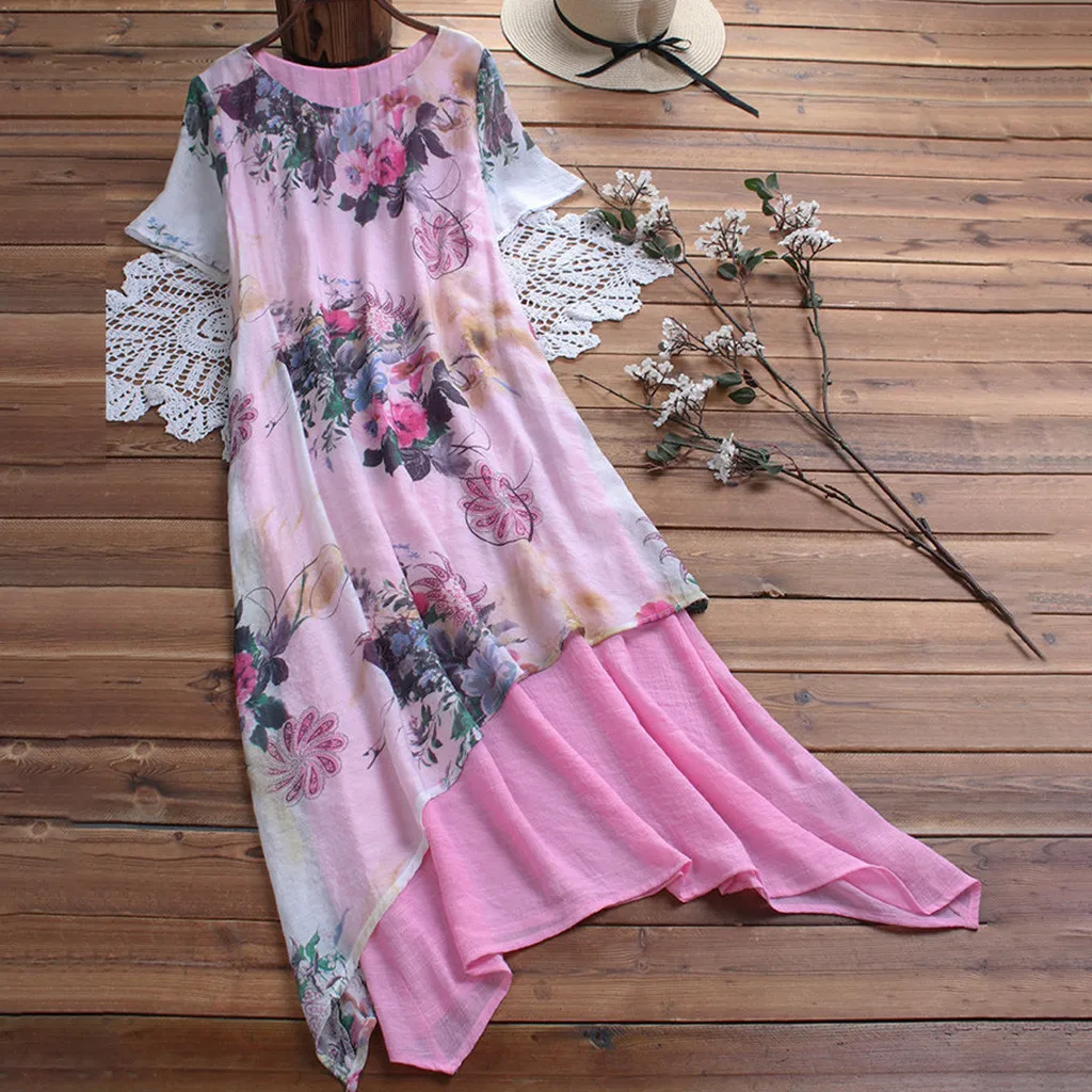

Women Vintage Dress Floral Print O-Neck Short Sleeve Patch Asymmetrical Dress Casual Party Dresses Elegant Summer Dresses 2019