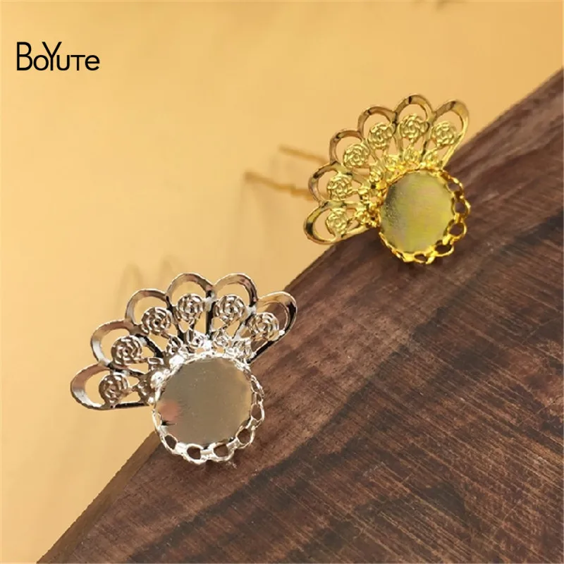 BoYuTe 10Pcs 10MM Cabochon Base Blank Tray Silver Gold 75MM Length U Shaped Hair Stick Kanzashi Hair Jewelry Accessories (1)