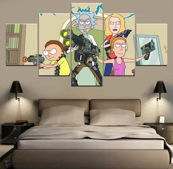

HD Printed Canvas Painting On The Wall Modular Picture 5 Panel Animated Comedy Rick and Morty For Home Decorative Kids Room