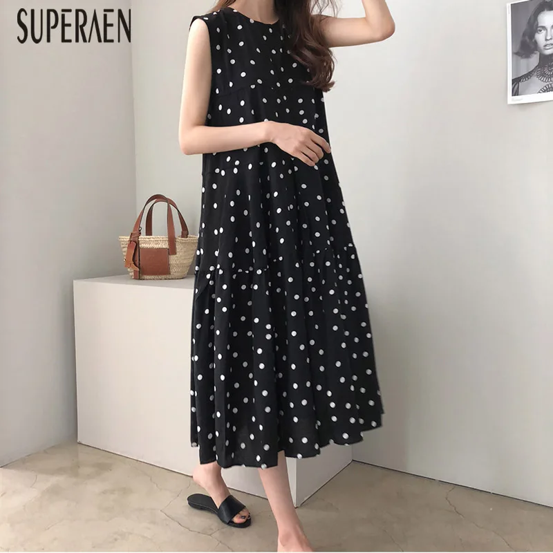 

SuperAen New 2019 Sleeveless Dress Women Summer Korean Style Wild Casual Dot Dress Women Fashion Chiffon Women Clothing