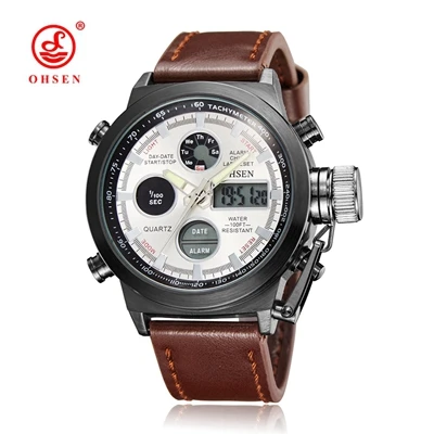 OHSEN бренд цифровой кварцевые Для мужчин белый Наручные часы кожаный ремешок 30 м Водонепроницаемый модные Часы Relógio masculino подарки - Цвет: White dial