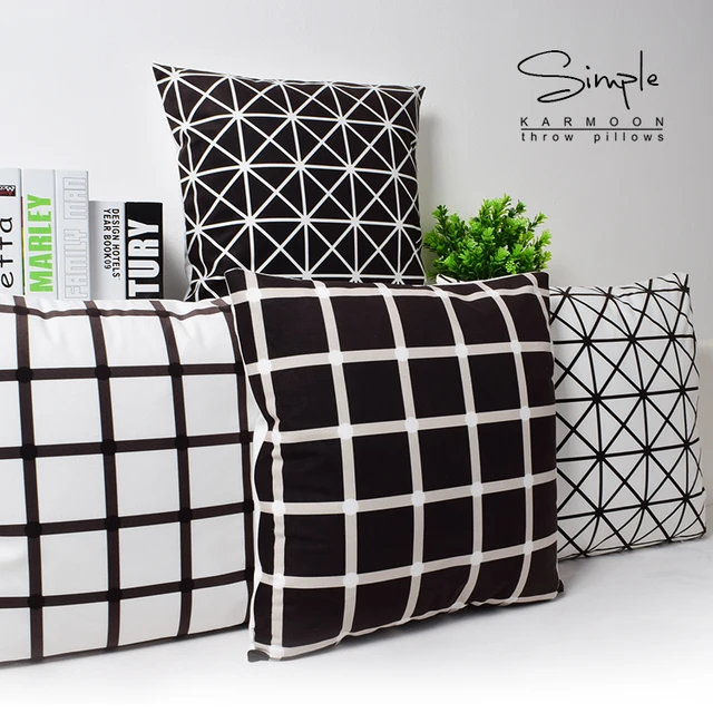 Plain Geometric Grid Pattern Cushion Cover Velvet Black White