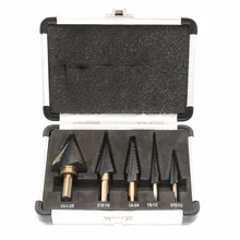 5 Unids/set Acero De Alta Velocidad HSS Cobalto Cone Step Drill Bit Set Cortador Del Agujero Con el Caso de Aluminio
