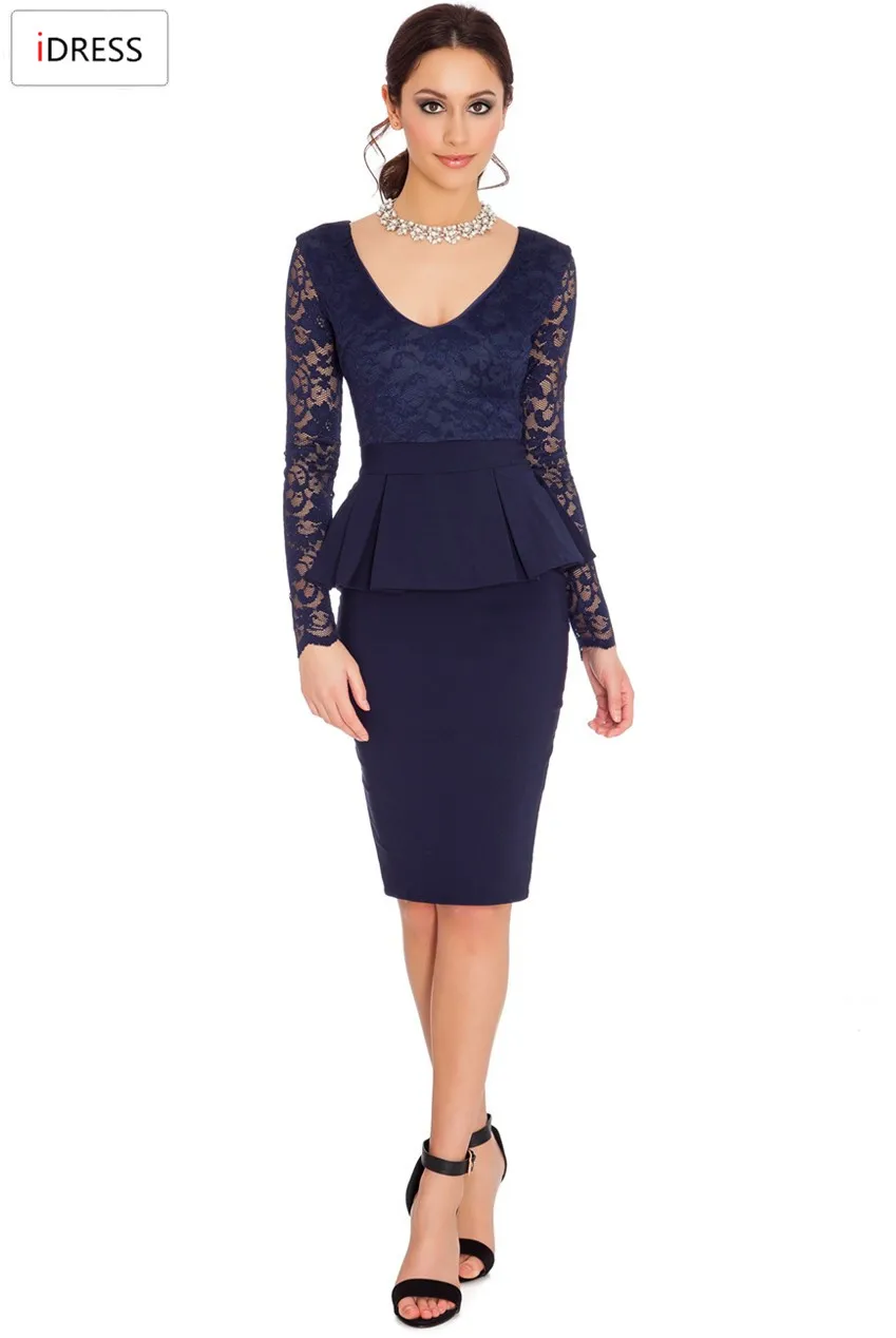 IDress Women Work Dresses 2016 New Fashion for the Office Sexy Elegant Long Sleeve Lace Knee Length Peplum Bodycon Office Dress (13)