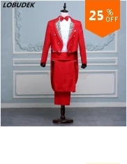 Red-White Stitching Blazers Set One Button Slim Fit Tuxedo Suit Men's Wedding Groomsmen Dress Singer Group Performance Costumes