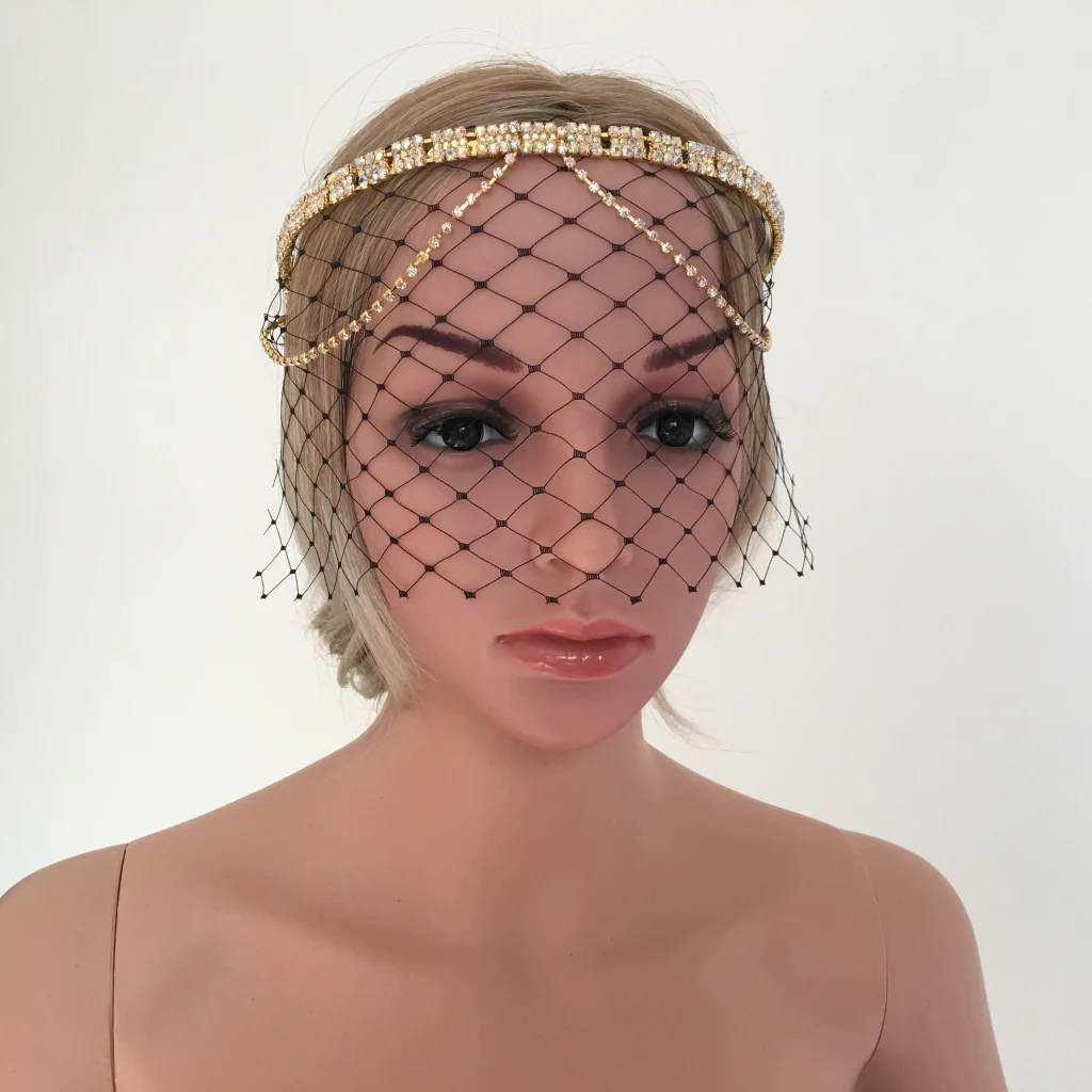 Vintage Woman Bridal Sequins Headband with Face Net Veil Charleston Party Headpieces Photo Prop