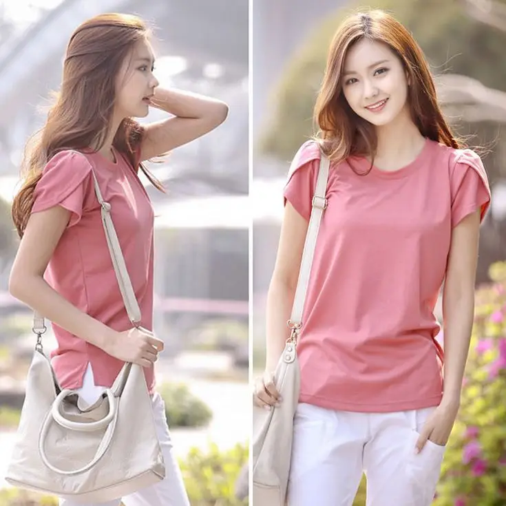 

15878 New solid color plaid top with round neck and short sleeves