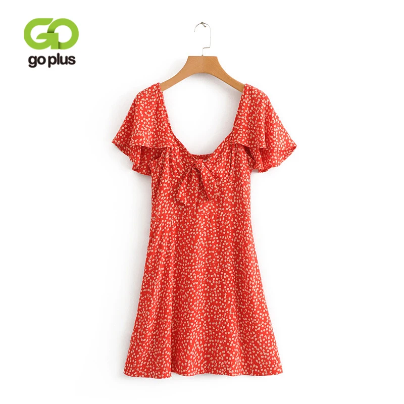 

GOPLUS Retro Floral Print Bow Tie Slim Mini Dress Short Ruffles Sleeve Wrap Dresses V neck Short Sleeve A-Line Dress Women C6016