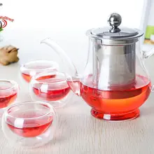 1x460 мл термостойкий стеклянный чайник с фильтром для заварки из нержавеющей стали+ 4 чашки с двойными стенками-5 в 1 чайный набор для кофе кунг-фу
