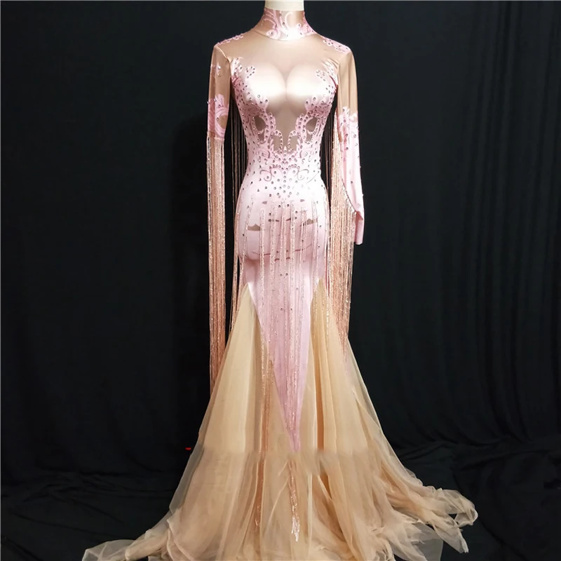 

Rhinestone Bodysuit Tassel Evening Dresses Birthday Festival Outfit Bar Dj Nightclub Dress DS Stage Clothing For Singers DN2024