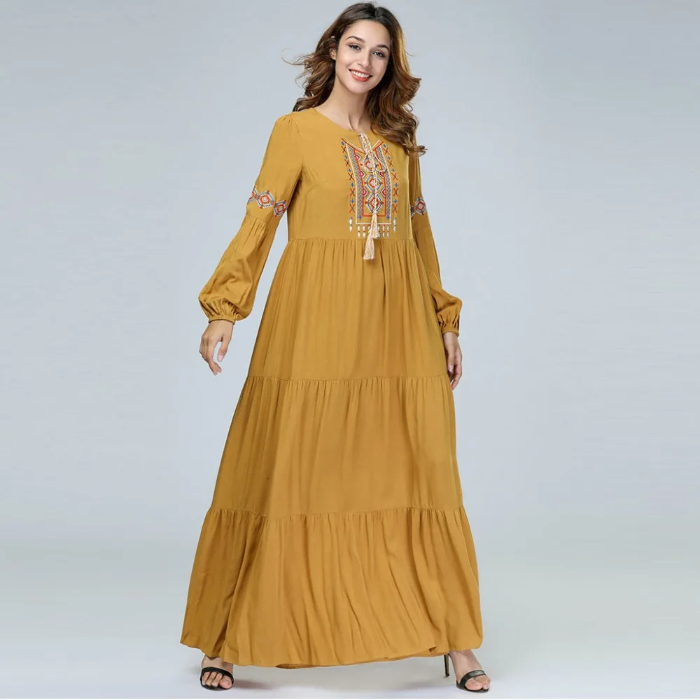 

Muslim Dress 2019 New Arrivals Women Plus Size National Robe Abaya Islamic Muslim Middle Eastern Long Dress Yellow Women Robes