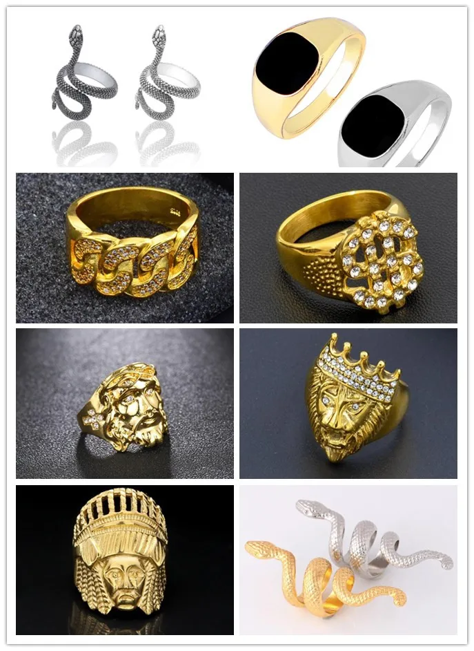 

Hip Hop Rock Iced Out Bling Gold Color Stainless Crystal Christ Jesus Dollar Lion snake Rings Men Women Punk Style Bling Rappers