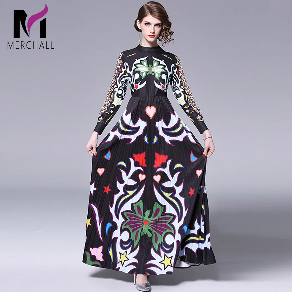 

Merchall Spring Autumn Women's Long Sleeve Dress High Quality Retro Floral Print Leopard Runway Maxi Dress Vintage Long Dress