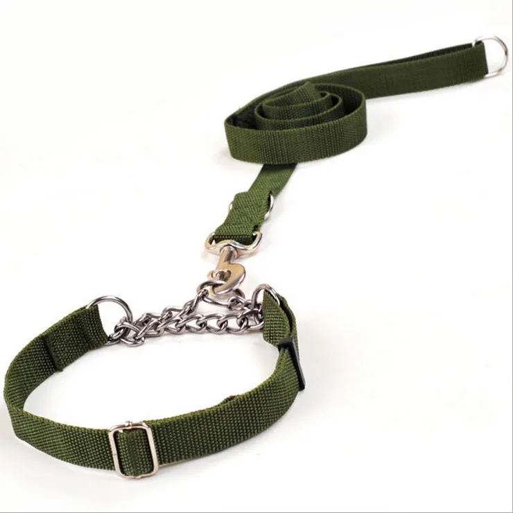 Nylon big Large Dog Basic Collar + lead rope belt Adjustable Pet metal chain neck collars Army