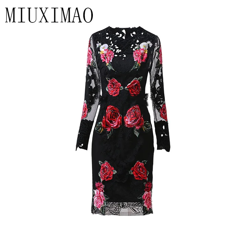 

2018 Newest Autumn New Arrival Fashion Casual O-Neck Full Sleeve Sheath A-Line Appliques Elegant Print Mid-Calf Long Dress Women