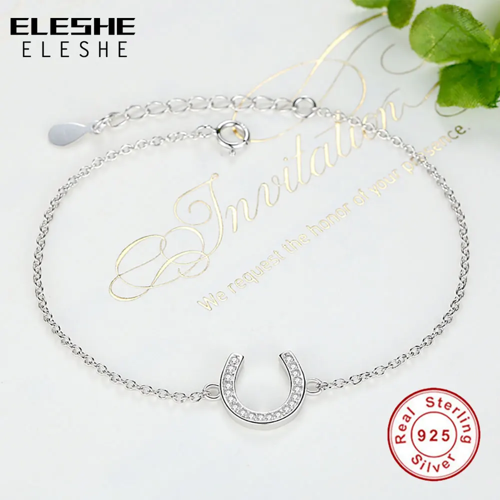 ELESHE 100% 925 Sterling Silver Bracelet Crystal Alphabet Letter Hook U Shape Charms Bracelet for Women Party Fashion Jewelry
