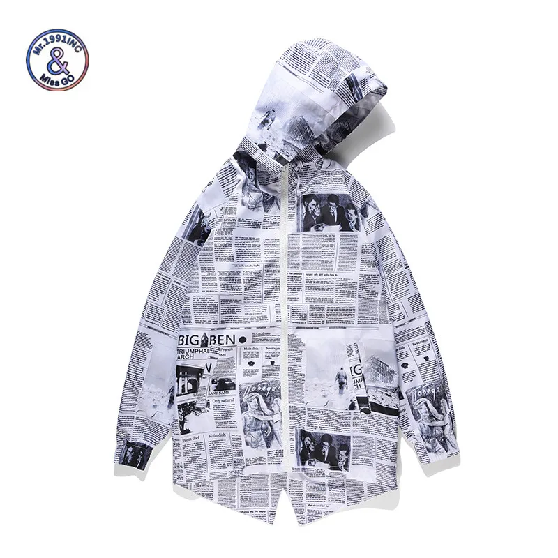 

Mr.1991INC Men's Hooded Jackets 2018 Loose Windbreaker Thin Zipper Coats 3d Print Newspaper Funny Hip Hop Top Overcoat for Male