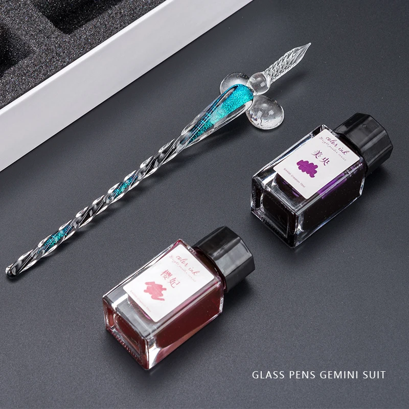 Gemini Set Glass Pen Dip Pen Color Ink Gold And Silver Pink Crystal