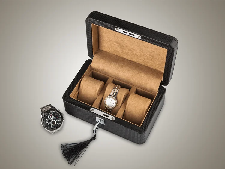 3 слота углеродного волокна кожаные коробки для часов дизайн черные коробки для часов чехол с замком женский Держатель Для Хранения Драгоценностей