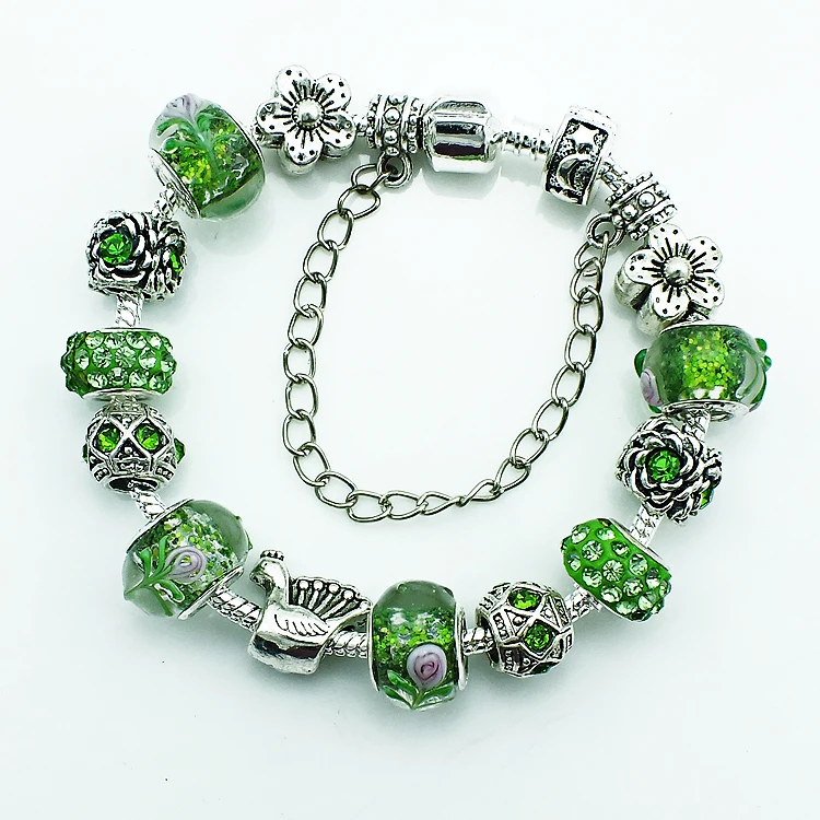 

JINGLANG Fashion Silver Plated European Green Rhinestone Beaded Infinity Cuff Bracelets For Women DIY Jewelry