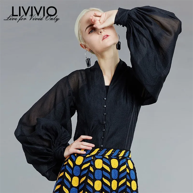 [LIVIVIO] открытая футболка женский воротник стойка фонарь рукав туника с высокой